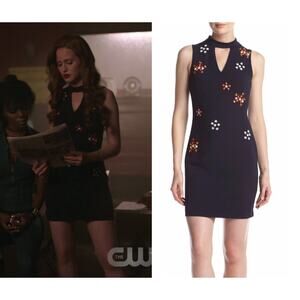 Guess NWT Navy Crepe Fabric Orange & White Bead Embellished Choker Sheath Dress